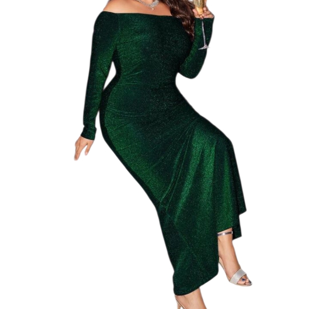 Shein Off Shoulder Plus Emerald Green Shimmering Evening Dress 2XL - Picture 5 of 13